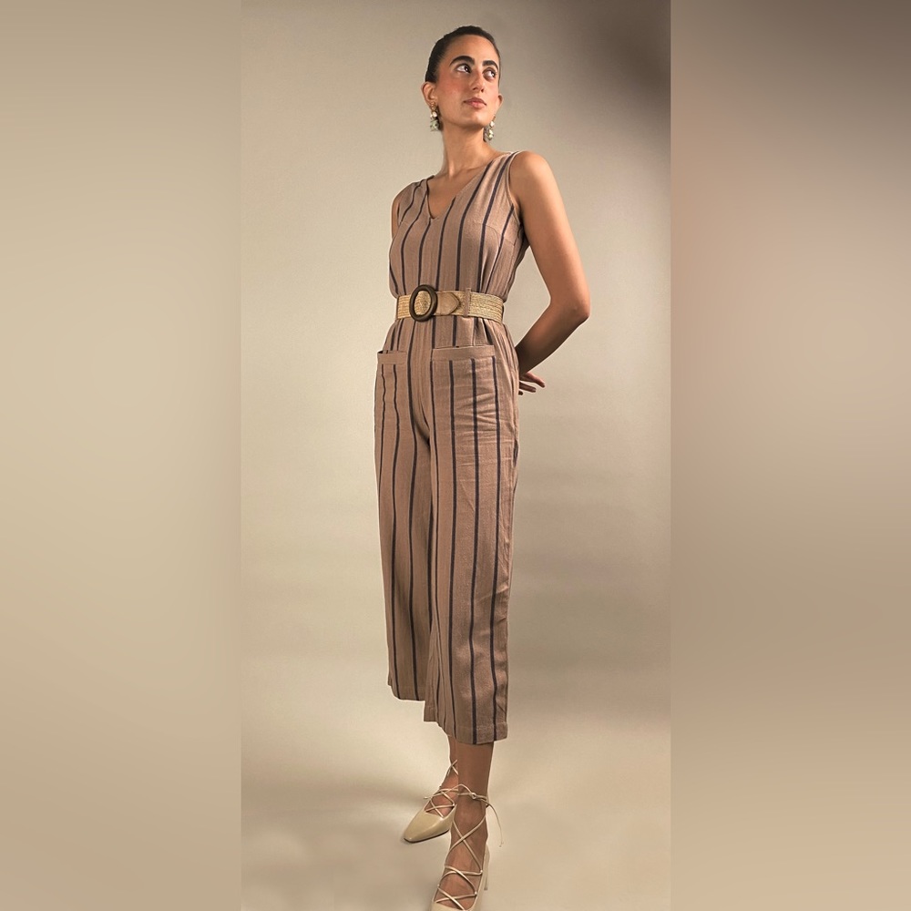 Simons Linen Blend Lined Jumpsuit With Adjustable Straps And Waist Sash | Small